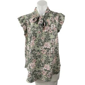 Ann Taylor LOFT Green Floral Ruffle Sleeve Tie Neck Bow Shirt Blouse Top Size M